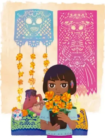 Ilustración de una niña con flores de cempasúchil junto a papel picado de cráneos azul y rosa. Crédito: Laura Ángeles Fernández, Ciudad de México.