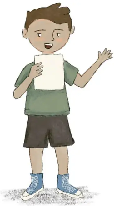 Ilustración de un niño sonriente sosteniendo una hoja de papel, con la mano levantada.