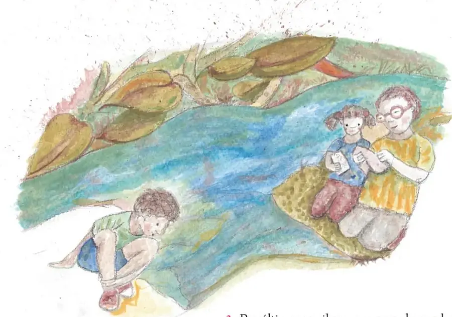 Ilustración acuarela de tres niños junto a un río o cuerpo de agua con plantas acuáticas; uno de ellos sostiene un libro acordeón. Al pie dice: Adriana García Torres, CIUDAD DE MÉXICO.