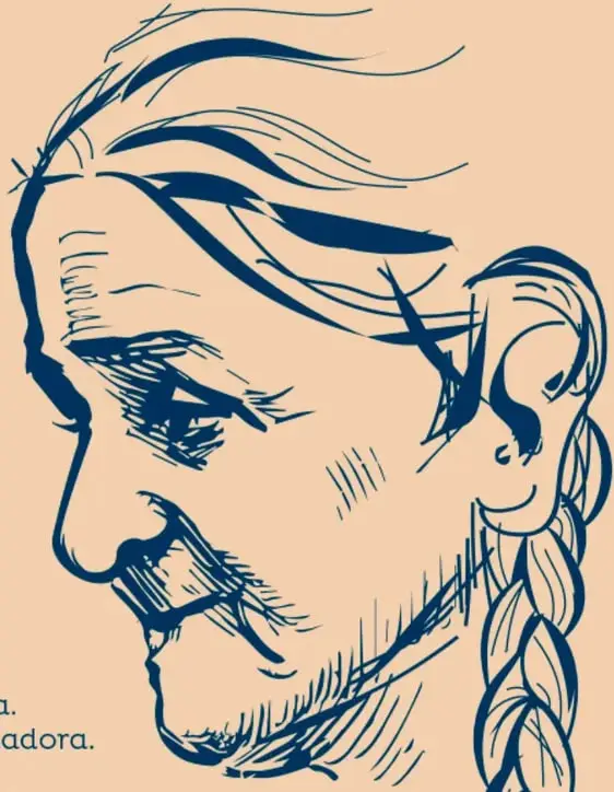 Ilustración a línea de una mujer anciana de perfil, con cabello recogido en una trenza larga que baja por la espalda, trazo azul sobre fondo durazno.