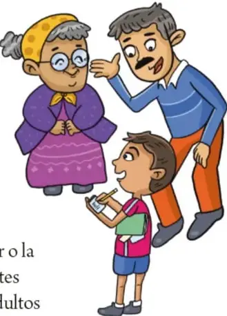 Ilustración de una abuela, un adulto y un niño con libreta y lápiz, que representa la conversación con adultos para indagar sobre igualdad de género.