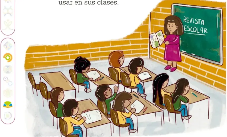Ilustración de un salón de clases con muros de ladrillo amarillo; una maestra de vestido rosa sostiene una revista y señala un pizarrón verde con la frase "REVISTA ESCOLAR". Varios estudiantes sentados en bancas leen y escriben.