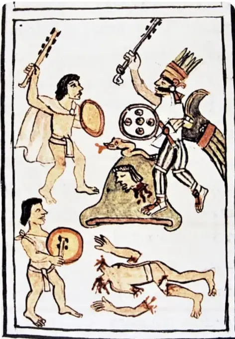 Ilustración del Códice Florentino que muestra el enfrentamiento entre Huitzilopochtli y los centzonhuitznahuas, con figuras armadas y un personaje caído.