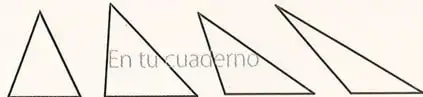 Cuatro triángulos coloreados con medidas de lados, bases y alturas para calcular área y perímetro.