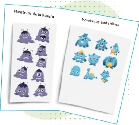 Dos carteles: 'Monstruos de la basura' (personajes morados) y 'Monstruos sostenibles' (personajes azules) con recortes de ilustraciones, obra de Mayra Gisela Pedroza Díaz, Aguascalientes.