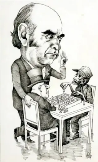 Caricatura política en blanco y negro que muestra a un hombre mayor (probablemente López Portillo) jugando ajedrez con una figura que representa al petróleo o a la economía, mientras otras personas observan.