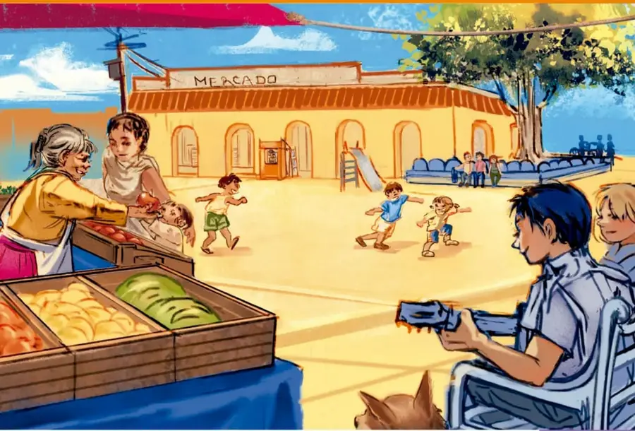Ilustración de una plaza o mercado comunitario: una mujer mayor vende frutas y verduras en un puesto, hay niños corriendo y jugando, un joven en silla de ruedas toca la guitarra y un perro lo acompaña; al fondo se lee 'MERCADO' en un edificio.