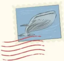 Estampilla azul con dibujo de ballena y líneas rojas de matasellos.