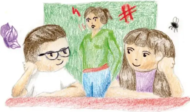 Ilustración de tres estudiantes sentados en una mesa; una estudiante de pie con signos de enojo y una araña cerca.