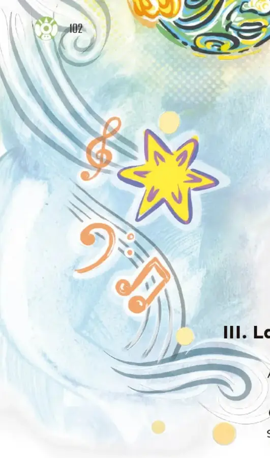 Ilustración con ondas de colores azules, amarillos y lilas, estrellas, figuras musicales (claves de sol, corcheas) y un personaje con rostro y gorro de colores que parece soplar o cantar.