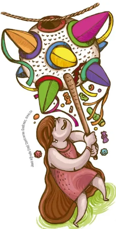 Ilustración de una niña con cabello largo sosteniendo un palo decorado con listones de colores, máscaras y figuras geométricas, que representa un símbolo de las tradiciones comunitarias.
