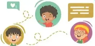 Ilustración de niñas, niños y una persona adulta relacionada con la comunicación y la lectura.