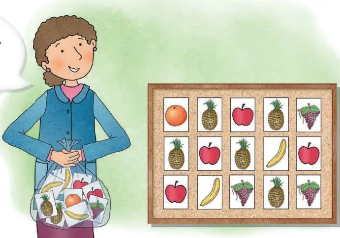 Ilustración de una estudiante de 3° básico con delantal que sostiene una bolsa transparente con frutas; un globo de diálogo indica que cada estudiante sacó una tarjeta sin mirar.