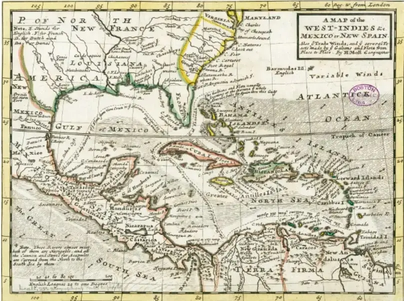 Mapa histórico titulado 'A Map of the West-Indies or the Islands of America in the North Sea', que muestra el mar Caribe, el golfo de México, las Antillas Mayores y Menores, y parte de América del Norte y del Sur. Incluye referencias a México o Nueva España, la Florida, Cuba, La Española, Jamaica y otras islas.