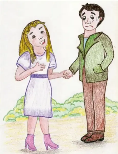 Una joven de vestido blanco y botas moradas estrecha la mano a un señor de abrigo verde en un campo, como reconciliación; crédito vertical: Elizabeth Solis Balderas, TLAXCALA.