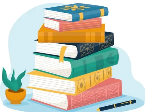 Ilustración de una pila de libros de colores con una planta y una pluma.