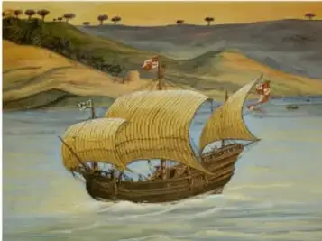 Ilustración de los carabelas de Colón navegando frente a una costa.
