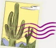 Estampilla ilustrada con un cactus sahuanó (antorcha) en un paisaje amarillo, decoración postal.
