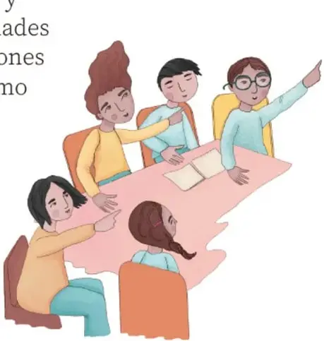 Ilustración de un grupo de cinco estudiantes reunidos alrededor de una mesa en asamblea, dialogando y señalando; créditos: Tania Villanueva López, PUEBLA.