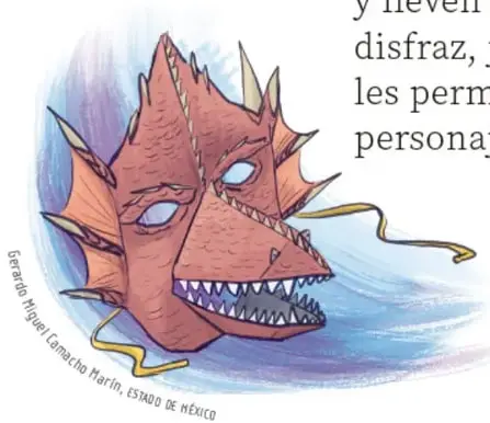 Máscara artesanal de un dragón rojo con espinas, ojos azules y dientes blancos sobre fondo de agua.
