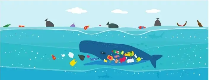 Ilustración de un mar contaminado con bolsas, botellas, latas, envolturas y otros residuos alrededor de un animal marino.
