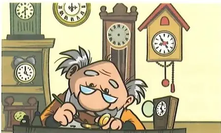 Dos imágenes casi iguales de un viejo relojero rodeado de relojes para encontrar 11 diferencias.