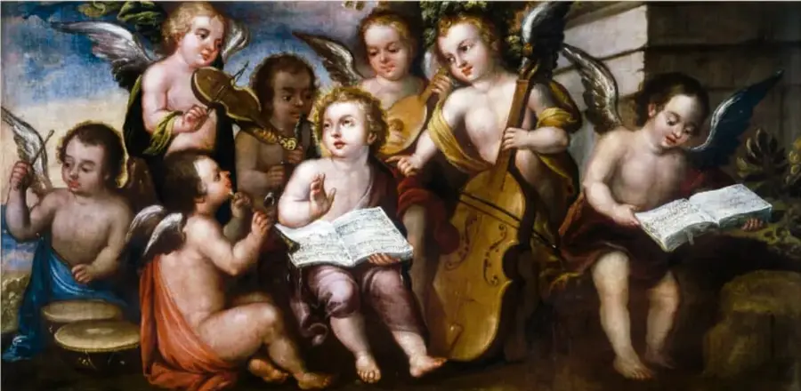 Pintura 'Niño Dios con ángeles músicos' de Juan Correa: grupo de angelitos con instrumentos musicales (violines, arpa, trompetas, tambor) alrededor del Niño Dios; dos de ellos tienen la tez más oscura, aludiendo a ascendencia africana.