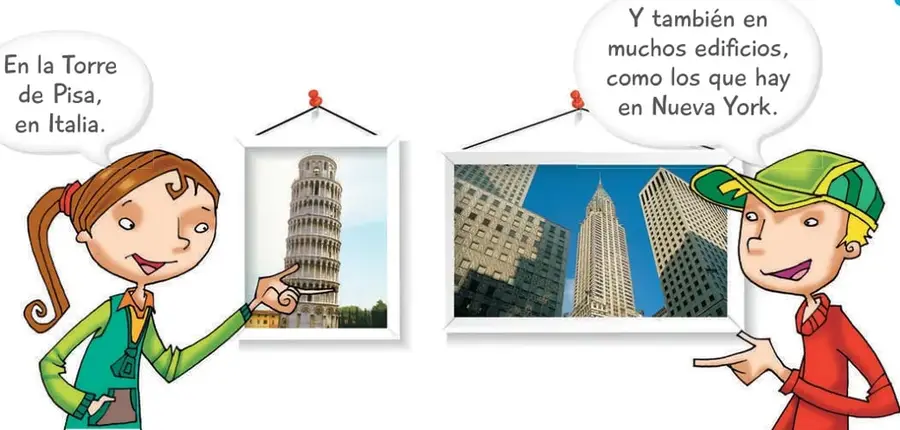 Niña con delantal verde señalando una fotografía de la Torre de Pisa, con globo de diálogo: «En la Torre de Pisa, en Italia».