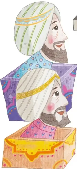El rey Ladava, con turbante blanco y dorado y túnica verde con adornos, sostiene en alto un peón blanco frente a un tablero de ajedrez apoyado en la mesa; al fondo, una ventana morada y azul.