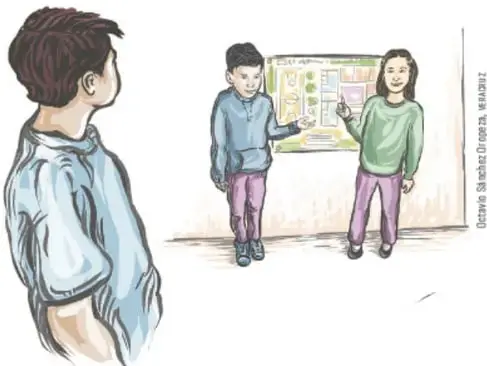 Ilustración de dos estudiantes frente a un plano colocado en la pared; uno señala el plano y otro observa.