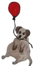 Dibujo de un perrito gris que flota sostenido por el hilo de un globo rojo.