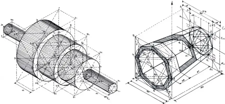 Dibujo técnico de una pieza cilíndrica con ejes y planos de proyección.