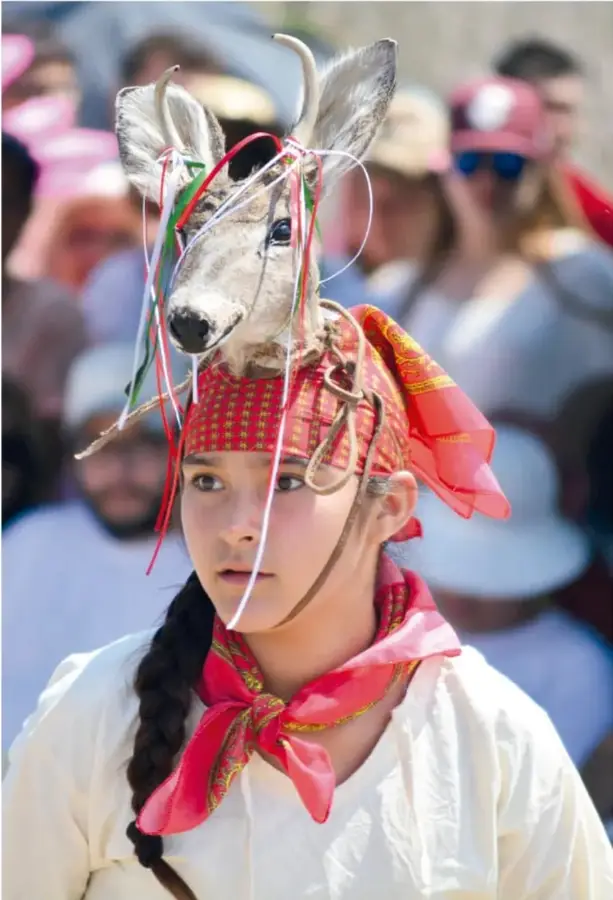 Joven danzante con cabeza disecada de venado atada con listones rojos, blancos y verdes sobre un paliacate rojo, paliacate rosa al cuello y manta blanca, durante la danza del venado ante un público difuso al fondo.