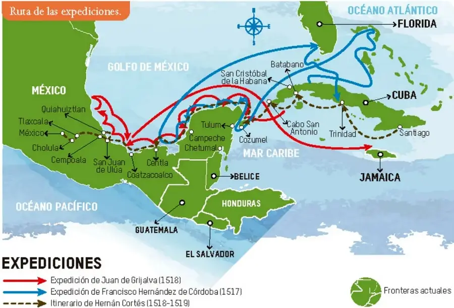 Mapa "Ruta de las expediciones" con las rutas de Hernández de Córdoba, Grijalva y Cortés, y las costas de México, Cuba, Jamaica, Belice, Honduras, Guatemala y El Salvador.