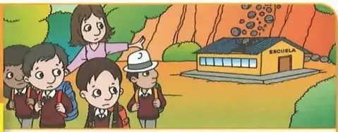 Ilustración de estudiantes reunidos y alejados de una escuela cercana a una zona con derrumbes.