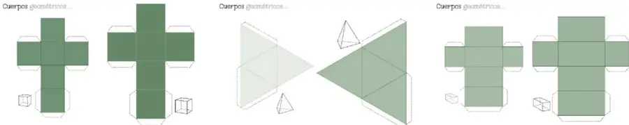 Tres tiras de plantillas «Cuerpos geométricos…»: desarrollos planos en verde de dos cubos (cruces de seis cuadrados), dos pirámides triangulares (triángulos con lengüetas) y dos prismas rectangulares, con pequeños dibujos de los cuerpos armados como referencia.