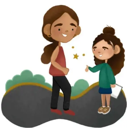 Ilustración de una mujer adulta y una niña conversando de forma amable, con estrellas alrededor, sobre un fondo verde y gris.