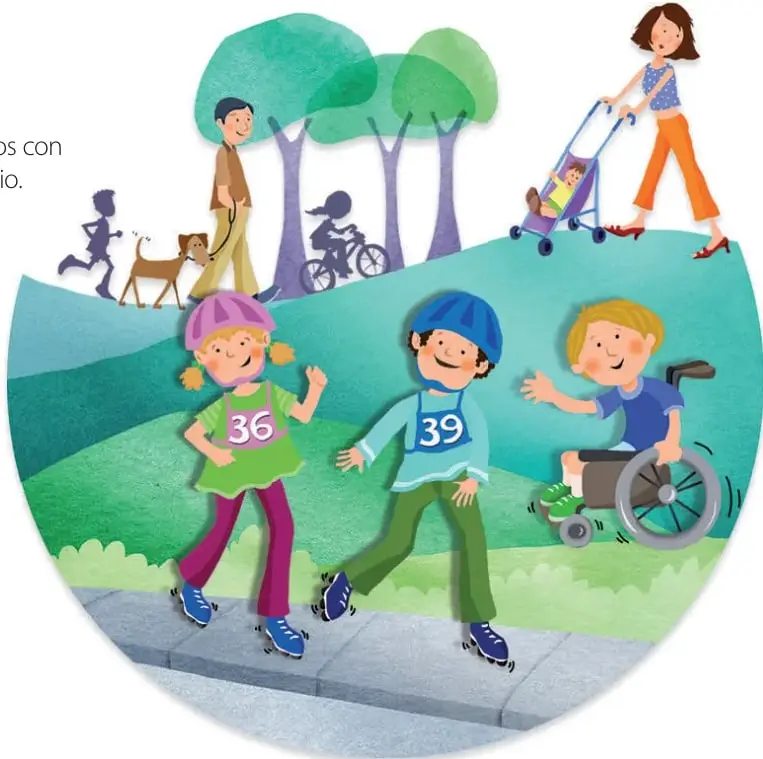 Ilustración de un parque o calle con vecinos: un hombre paseando un perro, una ciclista, una mujer con coche de bebé, dos niños con patines (36 y 39) y un niño en silla de ruedas.
