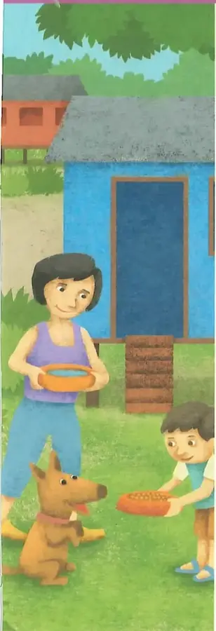 Ilustración de una familia en el exterior de su casa, compartiendo alimentos y cuidando a un perro.