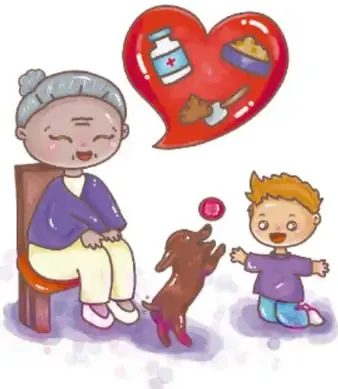 Ilustración de una abuela sentada, un niño y un perro, con un corazón que contiene comida y medicinas, de Cristy Ailed Reyes Espinosa, Zacatecas.
