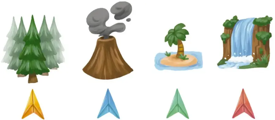 Ilustraciones de bosque de pinos, volcán humeante, isla con palmera y cascada, cada una sobre un avión de papel de distinto color (amarillo, azul, verde, rojo).