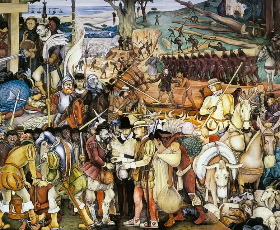 Fragmento del mural de Diego Rivera 'La colonización o la llegada de Hernán Cortés' (1941), Palacio Nacional: muestra conquistadores, frailes, indígenas trabajando, esclavos africanos encadenados, ganado europeo y paisaje en transformación.