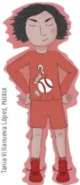 Ilustración de una niña con expresión de enojo, camiseta roja con dibujo de pelota de béisbol; ilustración de Tania Villanueva López, Puebla.