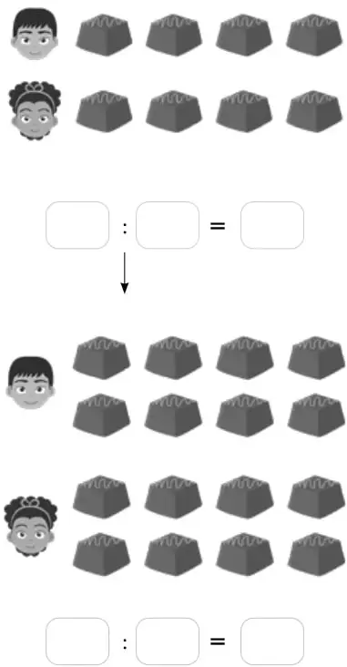 Dos niños con 8 chocolates y su reparto en 2 grupos de 4.
