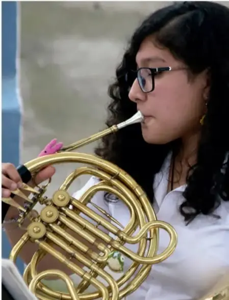 Joven estudiante tocando una trompa (instrumento musical de metal) con lentes y cabello oscuro.