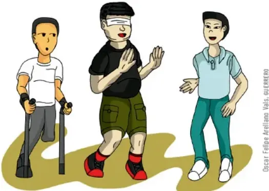 Dibujo de tres niños jugando: uno lleva una venda en los ojos (gallinita ciega) con los brazos extendidos, otro usa muletas por una pierna con aparato ortopédico y el tercero lo observa sonriente, mostrando un juego incluyente. Crédito: Oscar Felipe Arellano Valls, Guerrero.