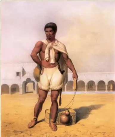 Grabado de 1838 titulado 'Indígena maya', del libro Voyage pittoresque et archéologique dans la province d'Yucatán, mostrando a un hombre indígena de pie con utensilios. Acervo INEHRM.