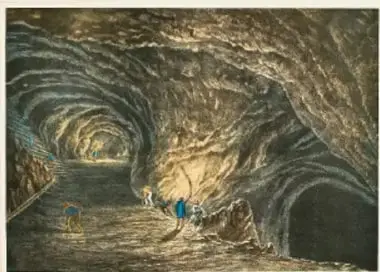 Grabado de una mina colonial con trabajadores extrayendo mineral.