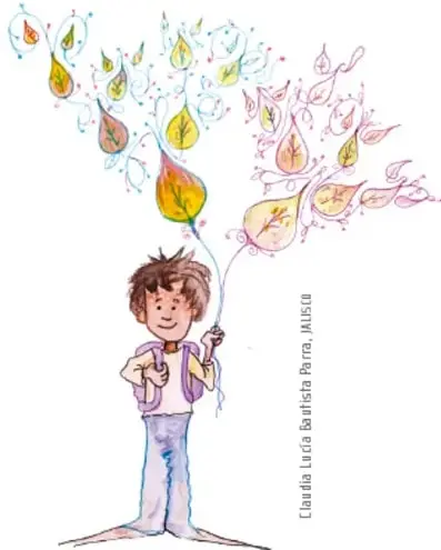 Niño sonriente con chaleco morado cuyas piernas terminan en raíces de árbol; sostiene globos con hojas de colores que vuelan hacia arriba, símbolo de la identidad y las historias familiares. Ilustración de Claudia Lucía Bautista Parra, Jalisco.