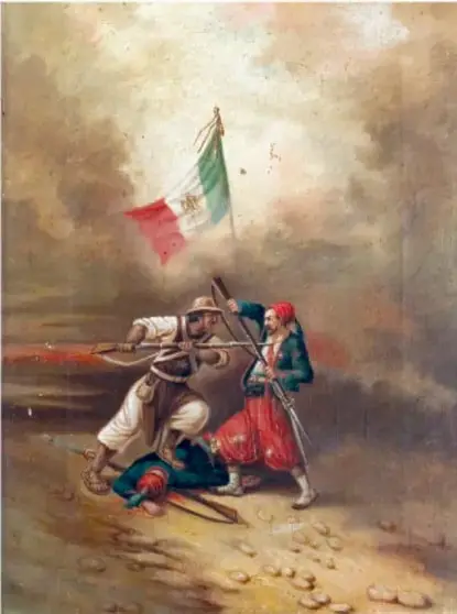 Pintura que representa la Batalla de Puebla: soldados mexicanos combatiendo contra tropas francesas, con la bandera de México ondeando.